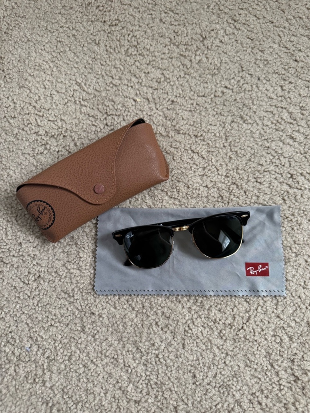 Ray-Ban Black and Gold Clubmaster Sunglasses with Brown Case
